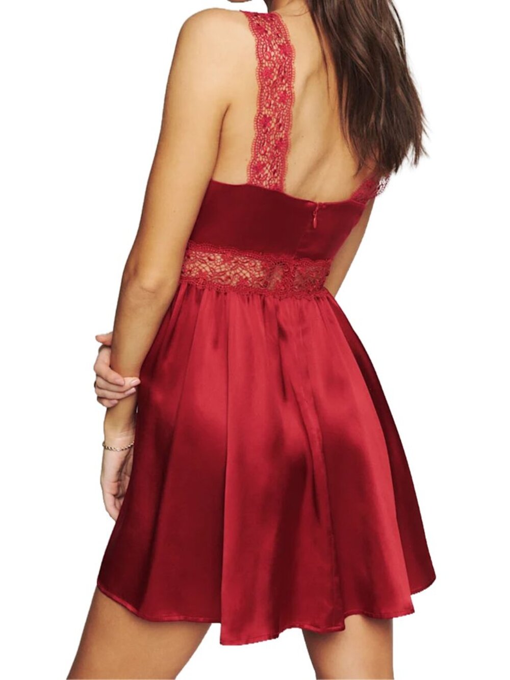 Reformation Elina Silk Mini Dress Sangre Red Lace V-Neck Fit Flare 8 - Picture 2 of 9